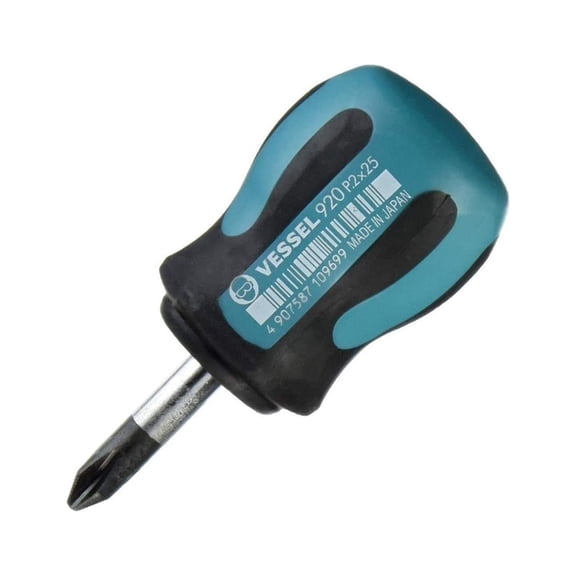 Vessel 920P225 MEGADORA JAWSFIT Cross-Point JISDRIVE Screwdriver +2 x 25mm Stubby Precision Japanese Industrial Screwdriver, Compact Anti-Slip Handle