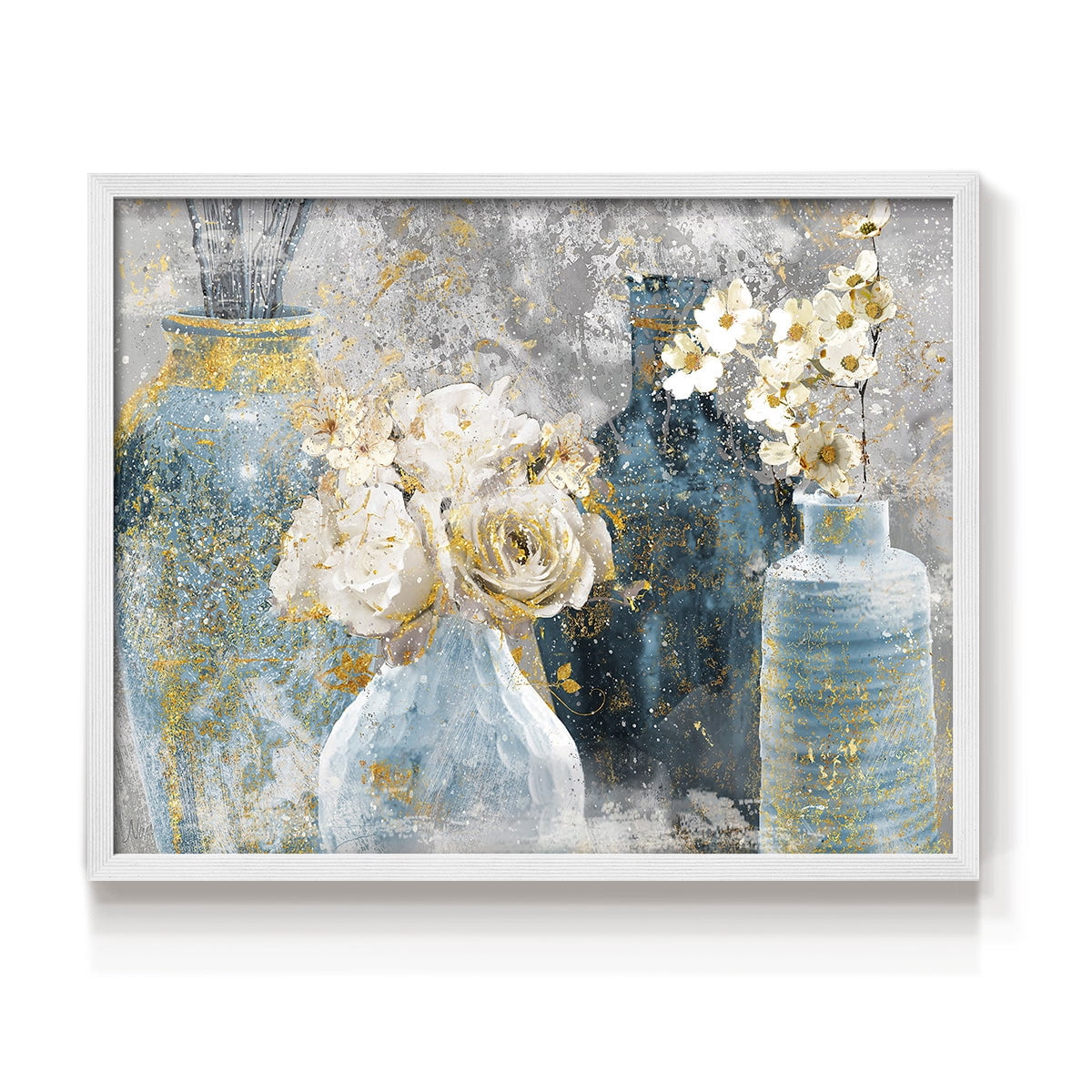 Vessels and Blooms Blues by Nan - Restickable Framed Giclée Print