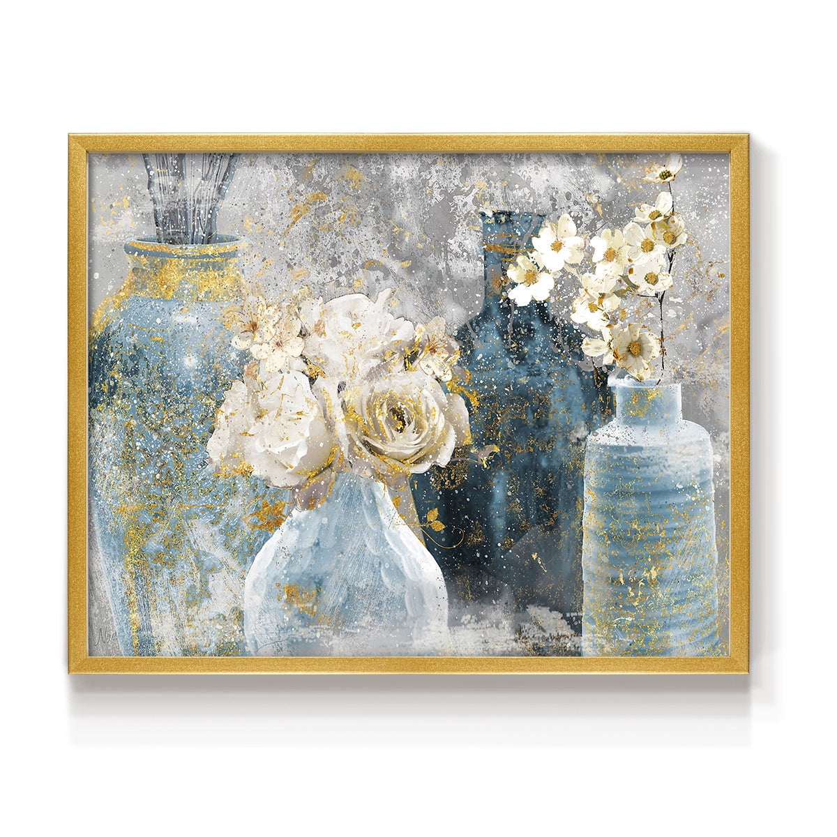 Vessels and Blooms Blues by Nan - Restickable Framed Giclée Print