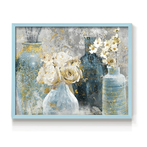 Vessels and Blooms Blues by Nan - Restickable Framed Giclée Print