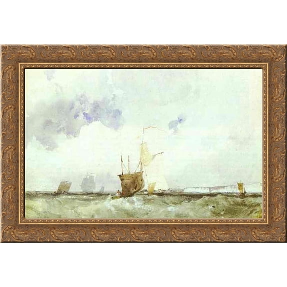 Vessels in a Choppy Sea 24x18 Gold Ornate Wood Framed Canvas Art by Richard Parkes Bonington