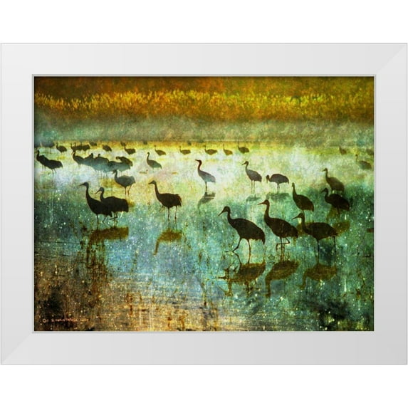 Vest, Chris 14x12 White Modern Wood Framed Museum Art Print Titled - Cranes in Mist I