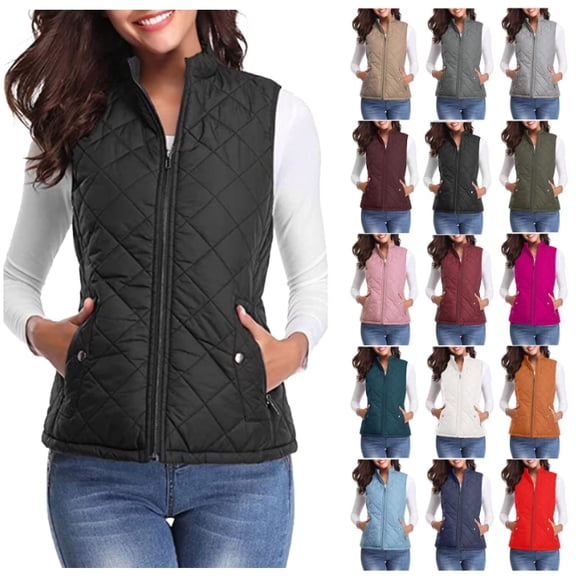 Vest Jacket Womens Quilted Vests Fall Winter Lightweight Sleeveless Stand Collar Zipper Up Quilted Padded Gilet Jacket Ladies Casual Jackets Coats With Pockets