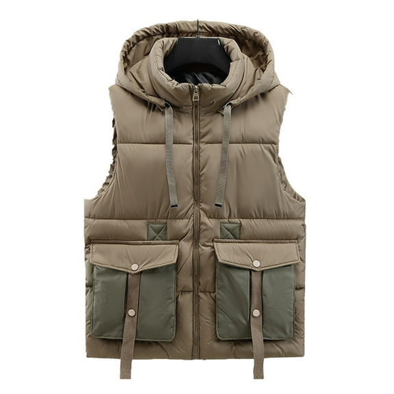 Vest Jackets For Men Sleeveless Stand Collar Full-Zip Drawstring Hooded Cardigan Thermal Warm Casual Coat With Pockets (XL, Khaki)