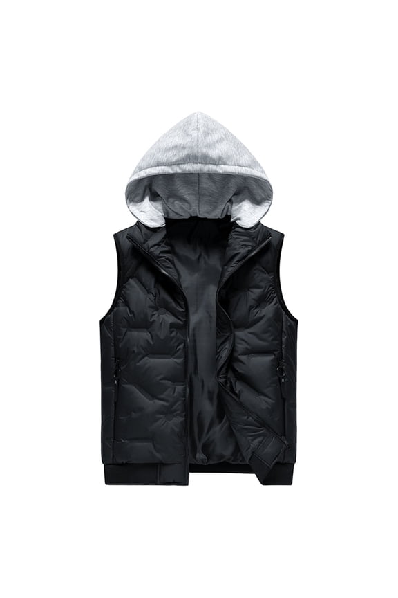 Vest Jackets for Men Sleeveless Hooded Full Zipper Stand Collar Patchwork Cardigan Casual Slim Coat with Zip Pockets (XL, Black)