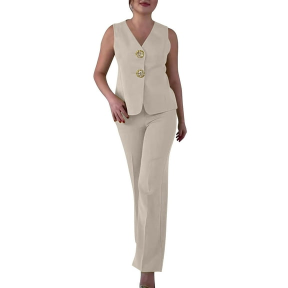 Vest Pants Suits for Women Business 2 Piece Dressy Casual Outfits Sleeveless Blazer straight pants pantsuit sets, M