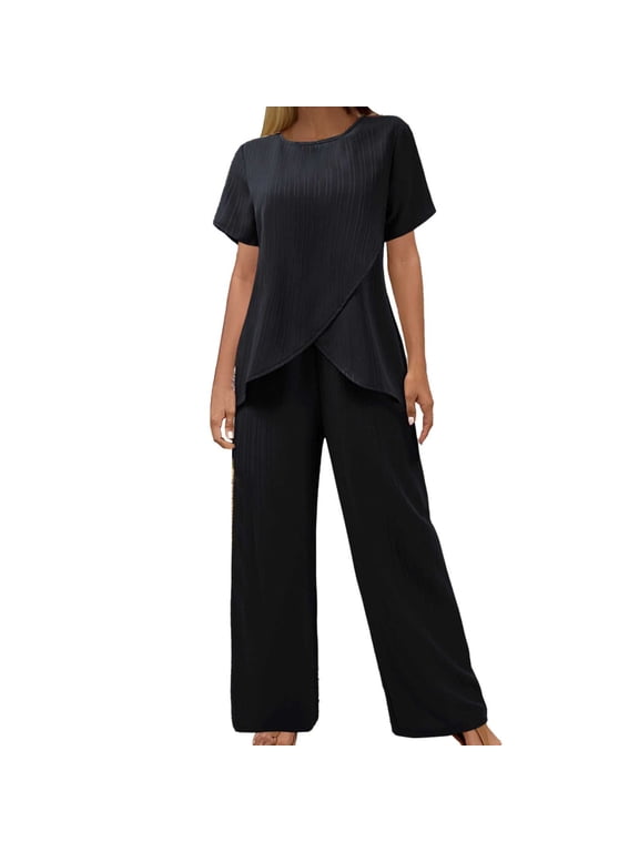 Vest Sets Women 2 Piece Outfits A Two Piece Short Sleeved Round Neck Loose Casual And Irregular Formal Pants Women Petite Two Pantsuit Jumpsuit Outfit Wedding Guest Formal Pants Suits for Eve Black XL