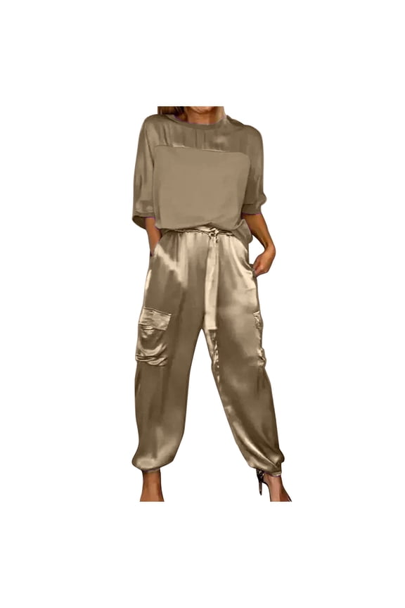 Vest Sets Women 2 Piece Outfits Women Smooth Satin Half Sleeve Top And Pants Set plus Size Snow Bibs Casual Pantsuit for on Piece Jumpsuit Christmas Outfits for Dressy Summer Business Casual Brown XXL