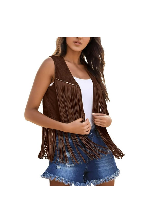 Vest Top Women Fringe Vest Suede Open Front Sleeveless 70s Hippie Clothes Boho Western Jacket Womens Long Casual Coat Womens Outdoor Work Coat Asymmetrical Duster Jacket Women Ladies Long Brown XL