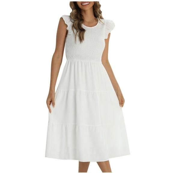 Sundresses For Women 2025 Sevevn Fashion Women's Summer Round Short SleeveNeck Solid Dress