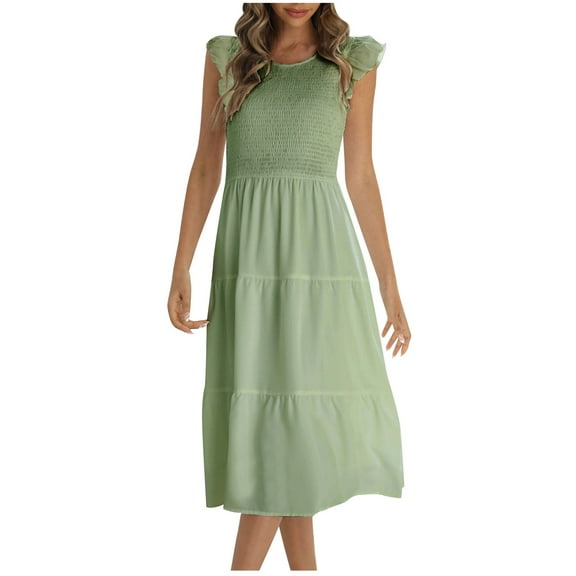 Sundresses For Women 2025 Sevevn Fashion Women's Summer Round Short SleeveNeck Solid Dress