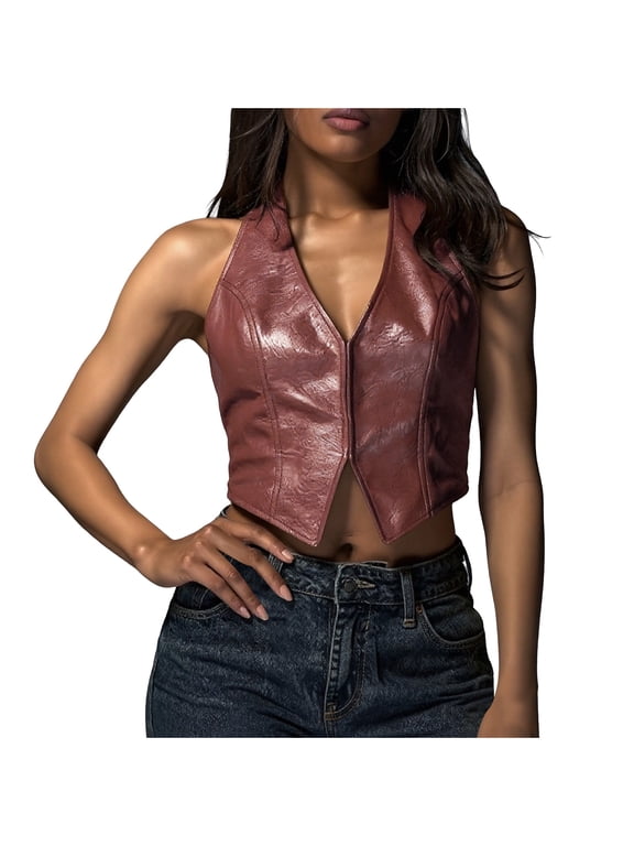 Vest Tops For Women Sevevn Women's Faux Leather Halter Crop Vest V-Neck Sleeveless Crop Top for Party Red L