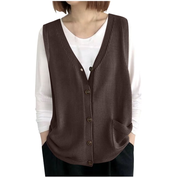 Vest Tops For Women Sevevn Women's V-Neck Button Down Knit Vest Sleeveless Cardigan with Pockets Brown