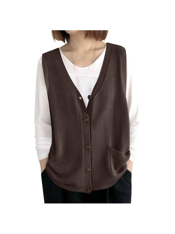 Vest Tops For Women Sevevn Women's V-Neck Button Down Knit Vest Sleeveless Cardigan with Pockets Brown
