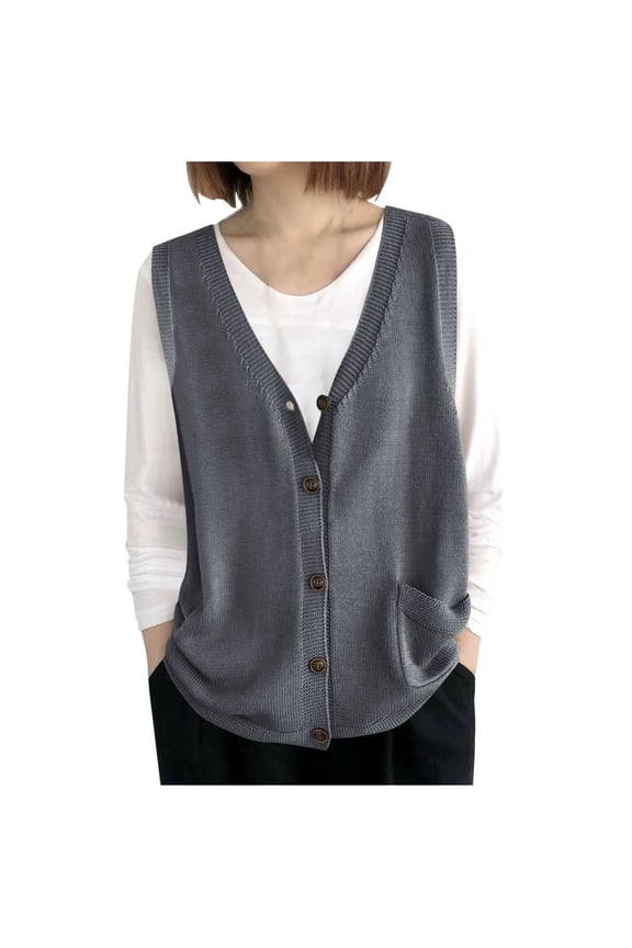 Vest Tops For Women Sevevn Women's V-Neck Button Down Knit Vest Sleeveless Cardigan with Pockets Gray