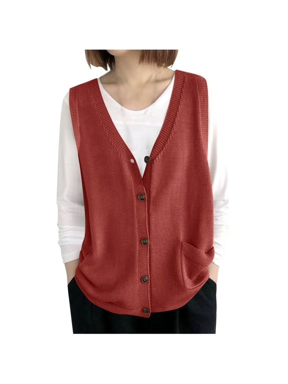 Vest Tops For Women Sevevn Women's V-Neck Button Down Knit Vest Sleeveless Cardigan with Pockets Red