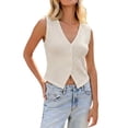 thumbnail image 1 of Vest Tops For Women，Women Knit Vest Top V Neck Sleeveless Cropped Button Up Crochet Going Out Tops Spring Ribbed Tank Beige S, 1 of 9