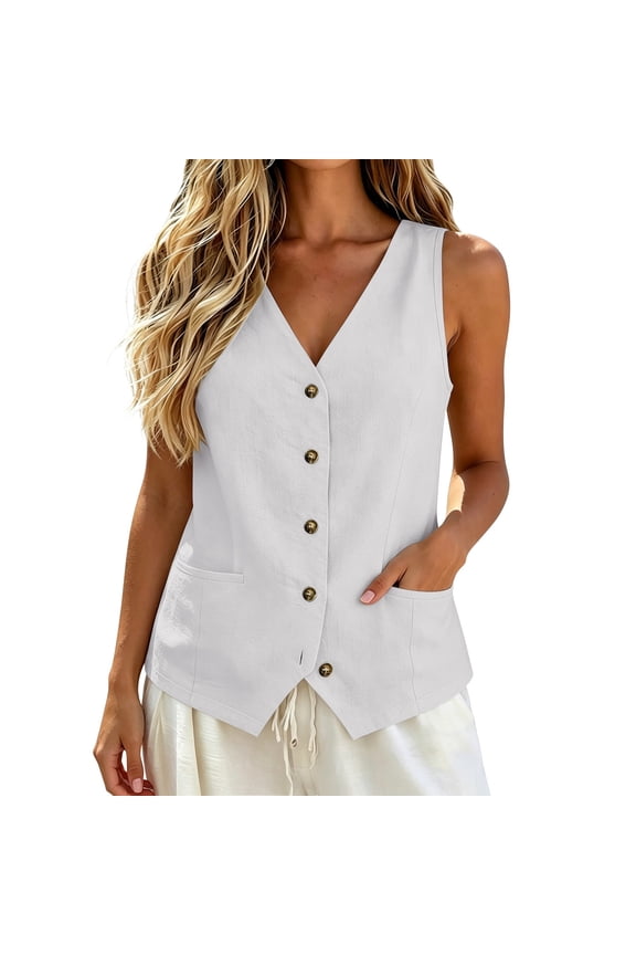 Vest Tops for Women Office Work Formal Button Down Vest Womens Linen Suit Vest Business Casual Womens Cotton Linen Summer Vest Summer Loose Fit Linen Vest Tops White XL
