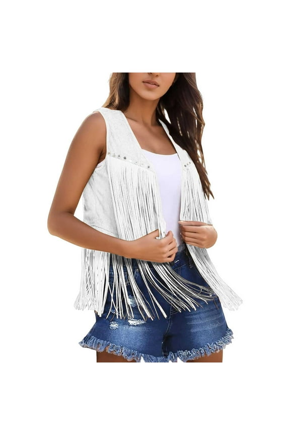 Vest Tops for Women Women Fringe Vest Suede Open Front Sleeveless 70s Hippie Clothes Boho Western Jacket Womens Long Casual Coat Womens Outdoor Work Coat Asymmetrical Duster Jacket Ladies Lon White XL