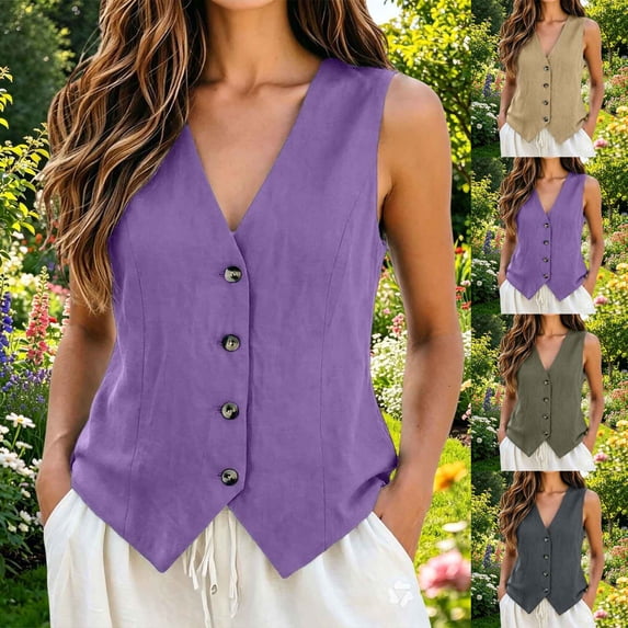 Vest Tops for Women, Cotton Linen Button Down Sleeveless Shirts, Business Casual Tank Vests Top Summer Fashion 2026