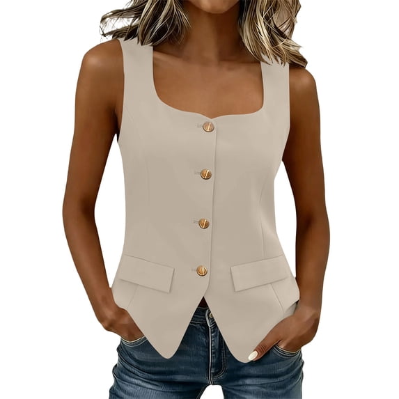 Vest Tops for Women Gsakboxl Women Casual V‑Neck Button Down Collared Sleeveless Suit Vest, Business Work Office Waistcoat Beige L