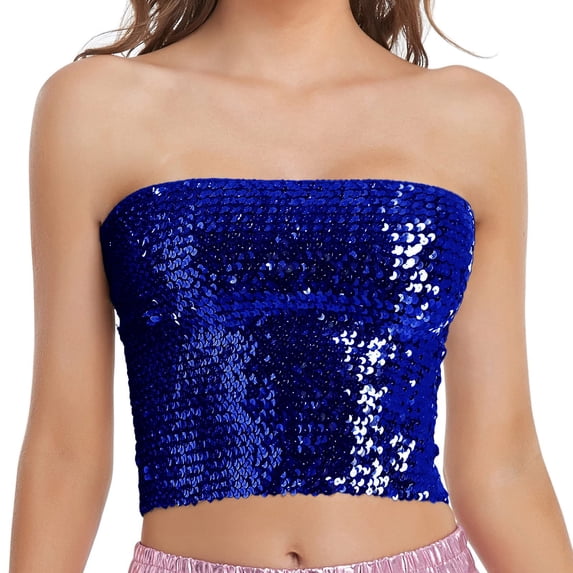 Vest Tops for Women Gsakboxl Women's Stretchy Smocked Sparkling Sequin Tube Top Fashion Mardi Gras Holiday Party Clubwear Sleeveless Tank Top Blue A