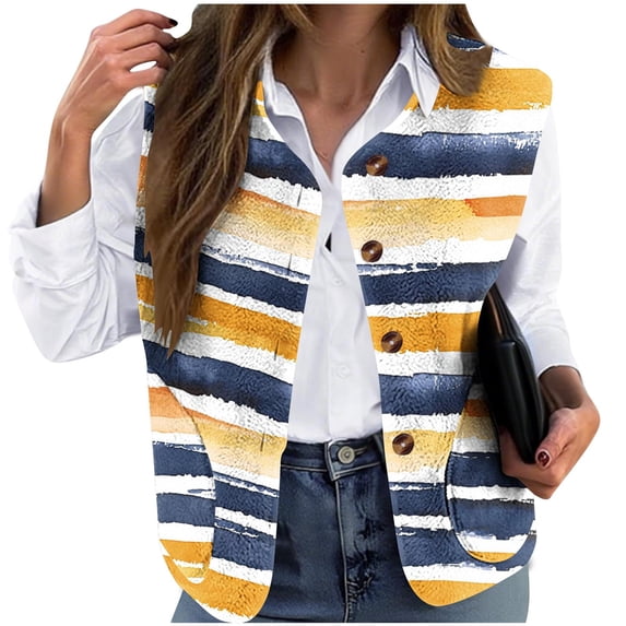 Vest Tops for Women Plus Size Striped Crewneck Fuzzy Button Down Sleeveless Jackets Fall Winter Daily Casual Clothes Yellow 3XL