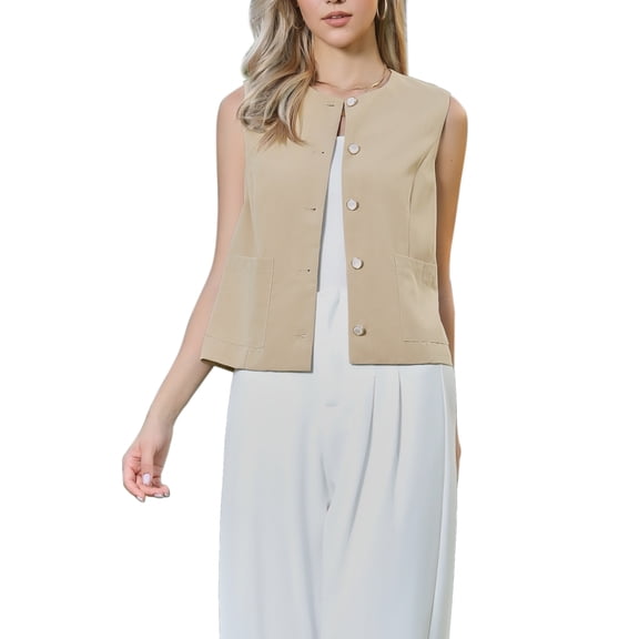 Vest Tops for Women Sleeveless Button Down Crew Neck Trendy Business Casual Waistcoat Top S Khaki