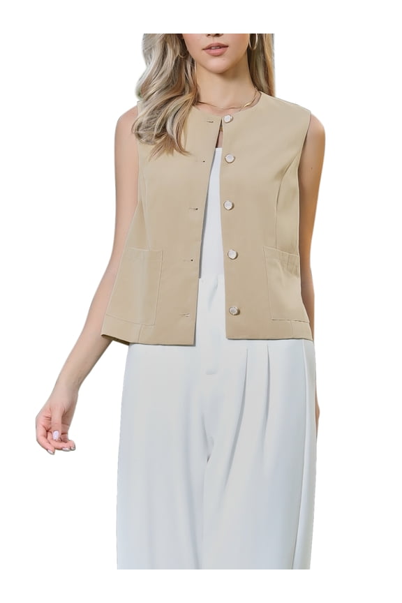Vest Tops for Women Sleeveless Button Down Crew Neck Trendy Business Casual Waistcoat Top S Khaki