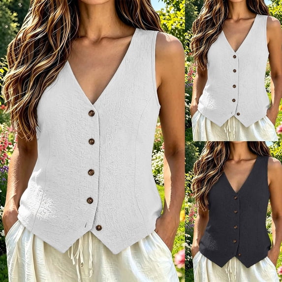 Vest Tops for Women Sleeveless V Neck Button Down Vest Solid Color Business Slim Breathable Womens Summer Tops White S