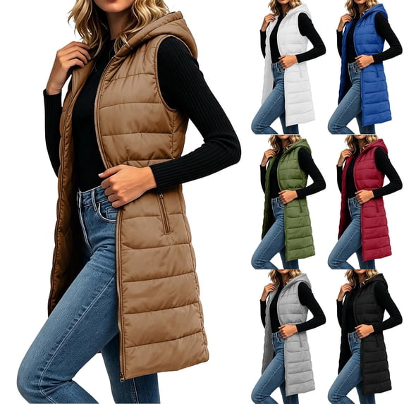 Vest Women Winter Solid Color Hooded Long Jacket With Zipper Lining And Pocket