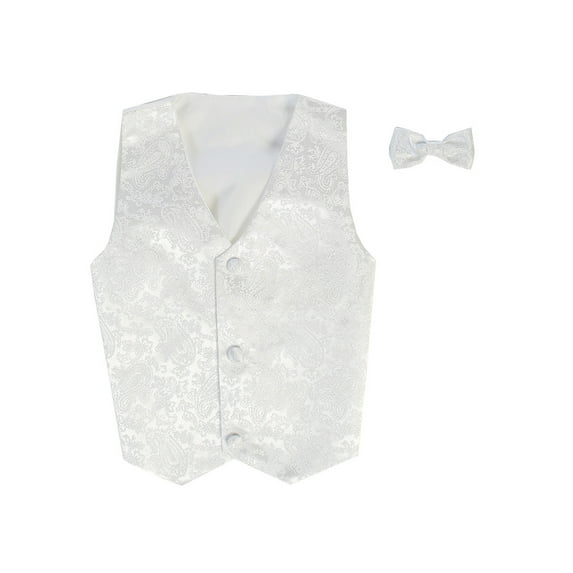 Vest and Clip On Baby Boy Bowtie set - WHITE PAISLEY - 2T/3T
