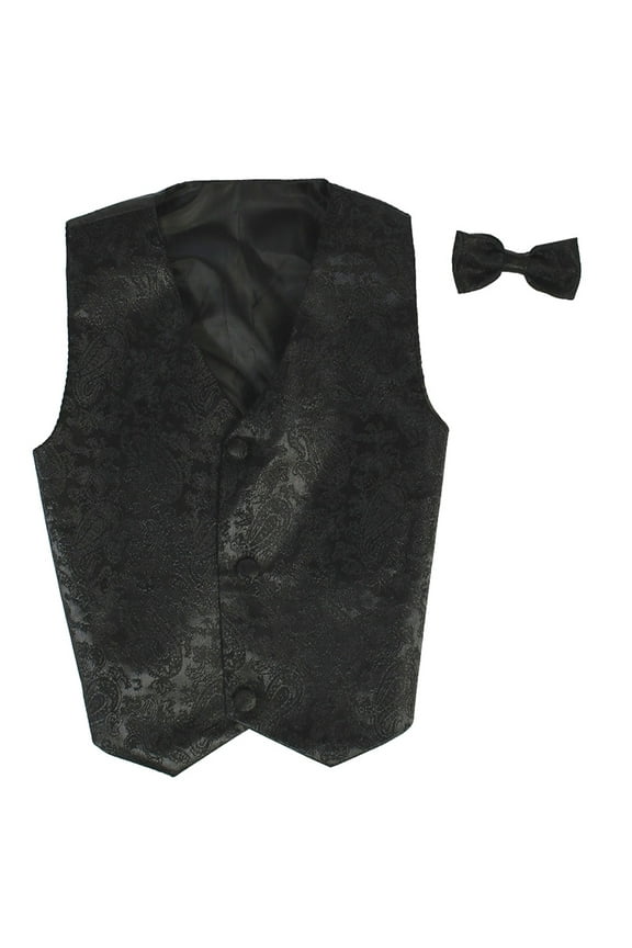 Vest and Clip On Boy Bowtie set - BLACK PAISLEY - 4/5