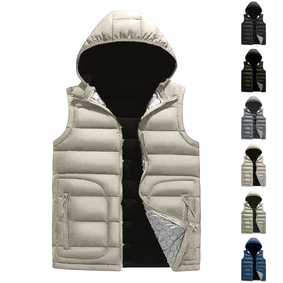 Vest for Men Dqueduo Men's Solid Color Quilted Puffer Vest – Detachable Hood Zip Sleeveless Warm Waistcoat Khaki XL