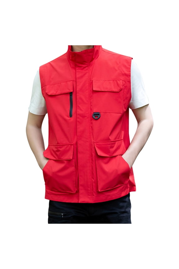 Vest for Men Sleeveless Running Vest Solid Color Zipper V-Neck Casual Daily Loose Outwear(Red,3XL)