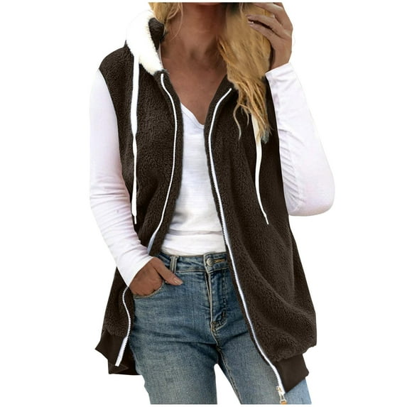 Vest for Women Fuzzy Sherpa Fleece Vest Cozy Sleeveless Gilet with Pocket Cozy Soft Zip up Hooded Waistcoat Outerwear