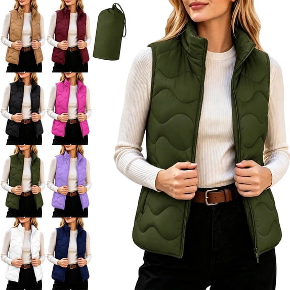 Vest for Women High Collar Padded Warm Lightweight Outerwear with Storage Bag Vest