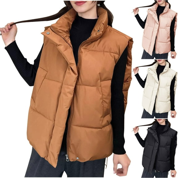 Vest for Women Sleeveless Women's Fall Winter Solid Color Crew Neck Winter Warm Zipper Coats Outdoor Puffer Vest Winter Clothing for Women Black XXL