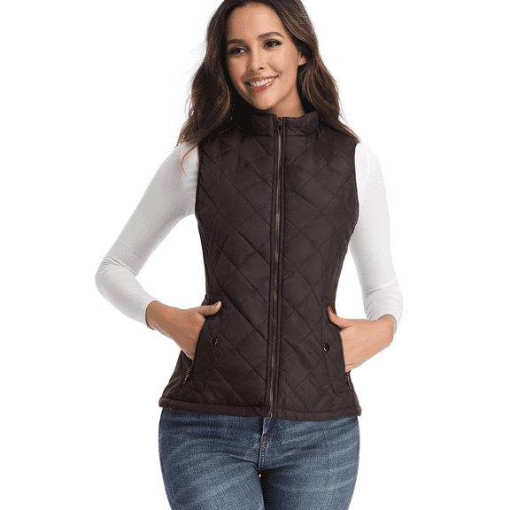Vest for Women-Stand Collar Lightweight Zip Quilted,Brown Women's Vest
