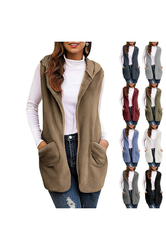 Vest for Women Trendy Women Winter Solid Color Casual Hooded Vest Fleece Sleeveless Jacket with Pocket Winter Clothes for Women Army Green XXL