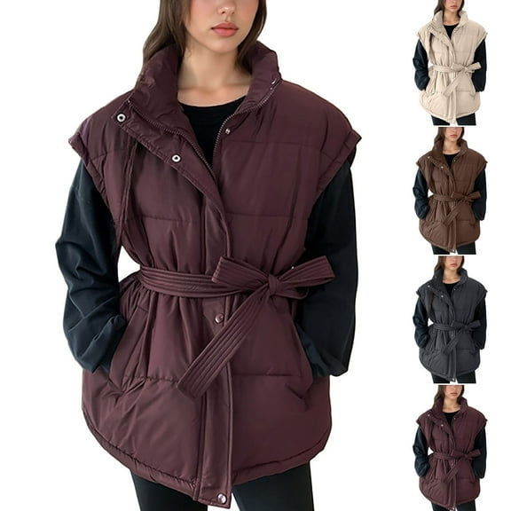 Vest for Women Trendy Women's Casual Solid Color Waisted Sleeveless Full Zipper Jacket with Belt Womens Winter Clothing White L