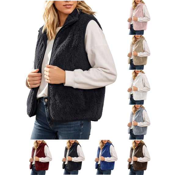 Vest for Women Zaewscy Women's Stand Collar Zip Up Fuzzy Sleeveless Vest Casual Fleece Gilet Black XL