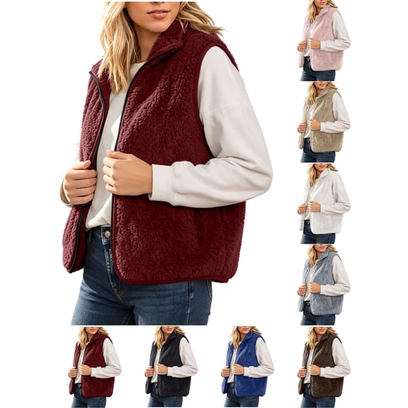 Vest for Women Zaewscy Women's Stand Collar Zip Up Fuzzy Sleeveless Vest Casual Fleece Gilet Wine XL