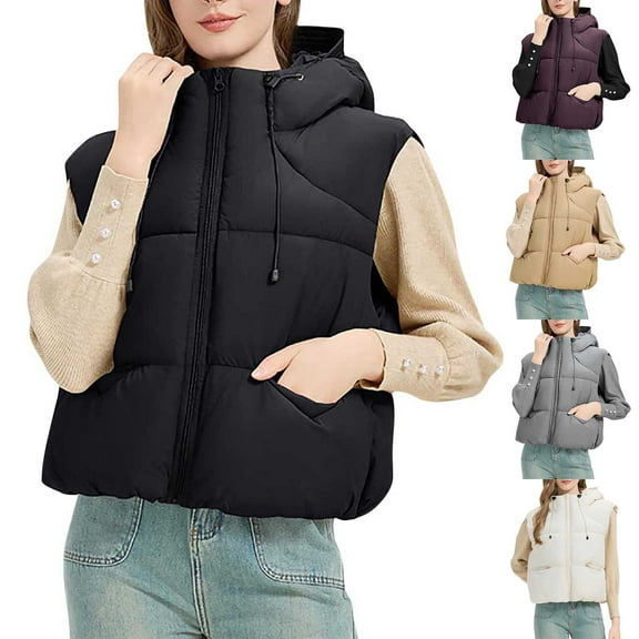 Vest for Women with Pockets Women's Casual Loose Solid Color Sleeveless Hooded Jacket with Drawstring Waistcoat Winter Clothing for Women Gray L