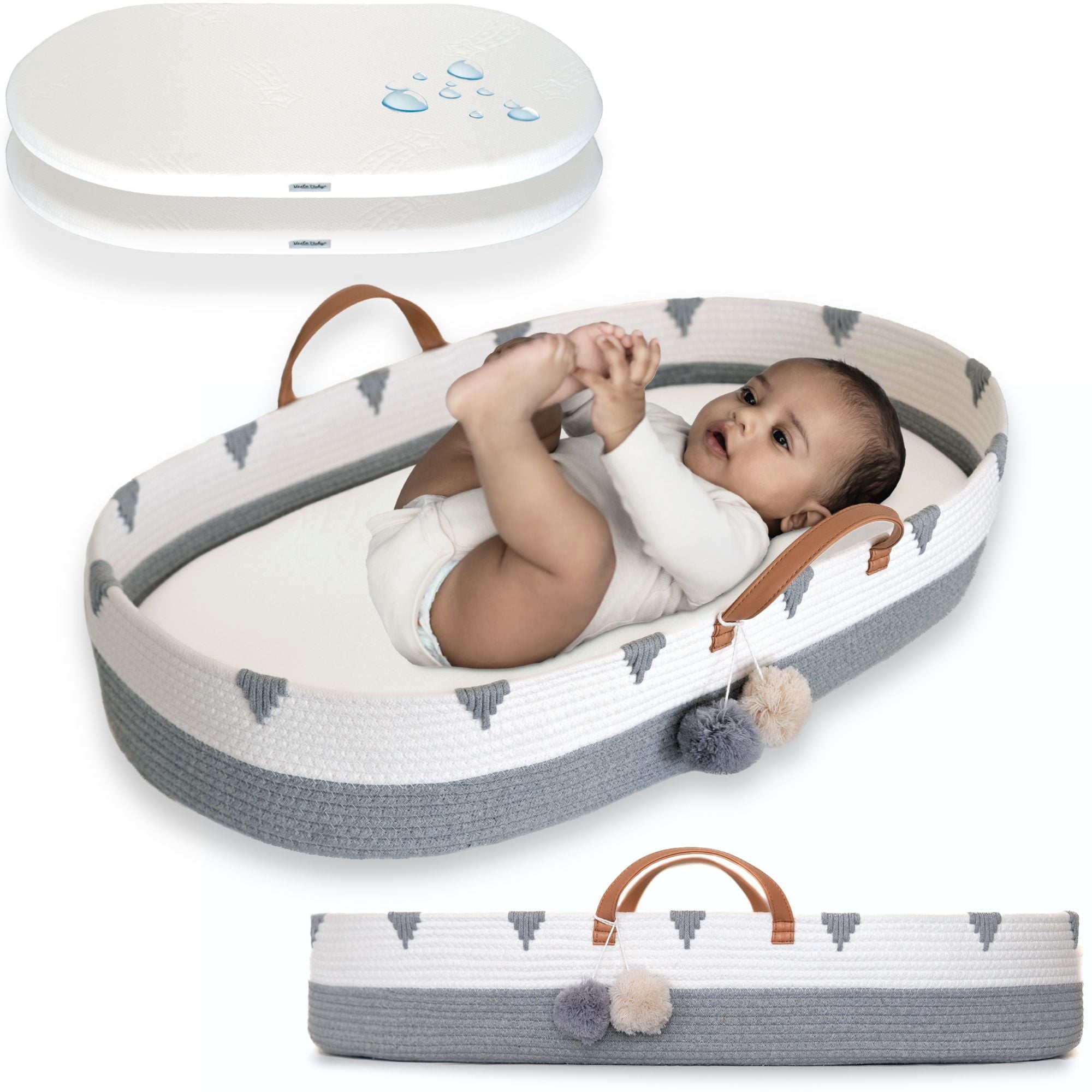 Vesta Baby Cotton Rope Portable Moses Baby Changing Basket Set - Unisex - Boho Gray \u0026 White