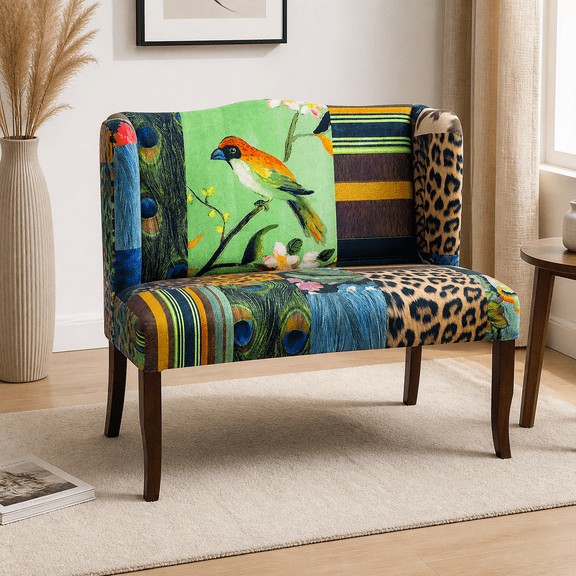 Vesta Bird Collage Print Settee, Multicolor, 1 Seat, 44 x 25 x 38 in