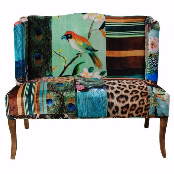 Benjara 25" Modern Wood Vesta Bird Collage Print Settee in Multi-color
