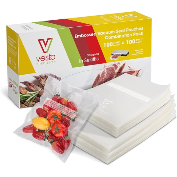 Vesta Precision Vacuum Sealer Bags for Food, 8" x 12" & 6" x 10" 200 Count (100 Quart and 100 Pint) Precut, BPA-Free and Heavy Duty Embossed Vacuum Seal Bags for Vacuum Sealers, Sous Vide Compatible