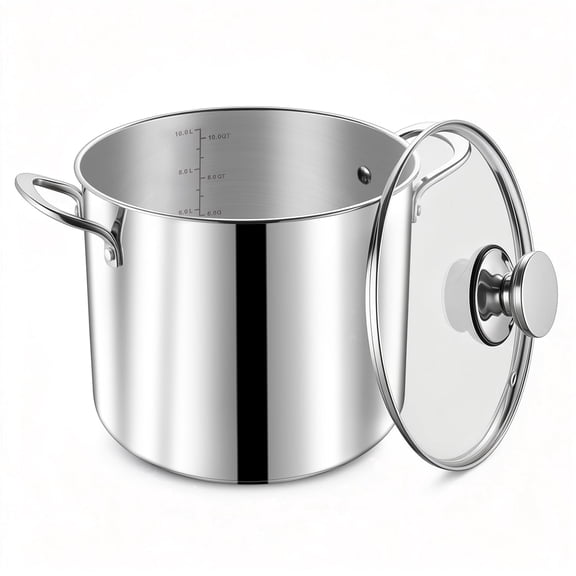 Vesteel 10QT Stainless Steel Stock Pot with Glass Lid, Tri-Ply Bottom Stockpot for Cooking Simmering Soup Stew, Heavy Duty Cookware Compatible with All Cooktops, Dishwasher Safe