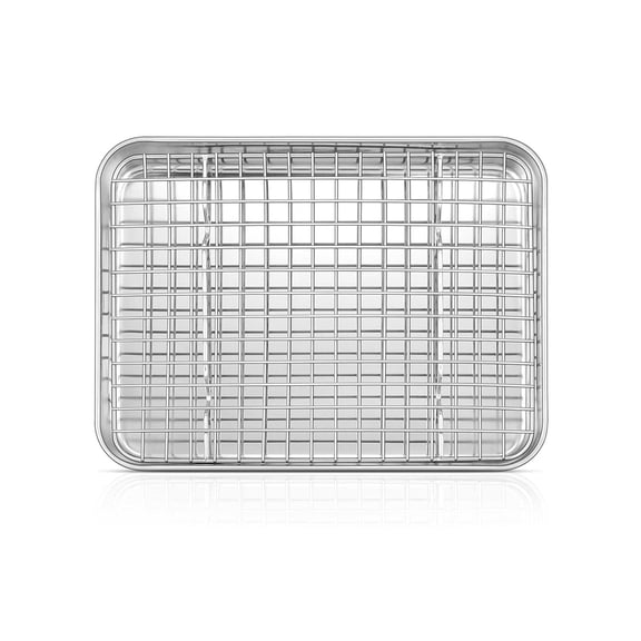 Vesteel 10 inch Baking Pan with Rack Set, Stainless Steel Rectangle Baking Sheet Toaster Oven Tray with Grid Cooling Rack for Cookies Meats, Non-Toxic & Dishwasher Safe